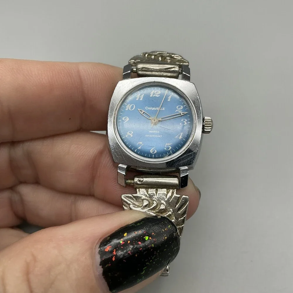 Vtg Caravelle Womens Watch 23mm Sterling Native American Signed Turquoise Manual